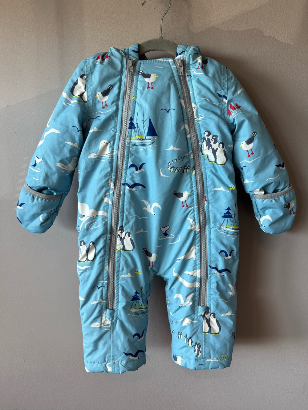 Baby Boden Coastal Penguin Print Fleece Lined Pram Bunting Snowsuit 6-12 month